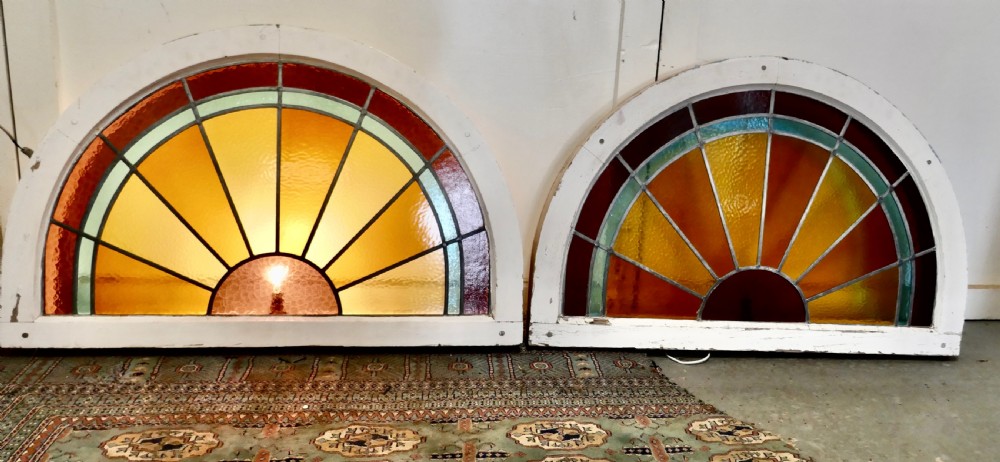 A Set of 4 Large Art Deco Arched Sunburst Stained Glass Windows View II