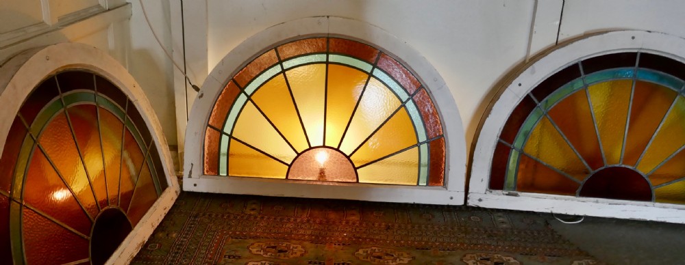 A Set of 4 Large Art Deco Arched Sunburst Stained Glass Windows View IV