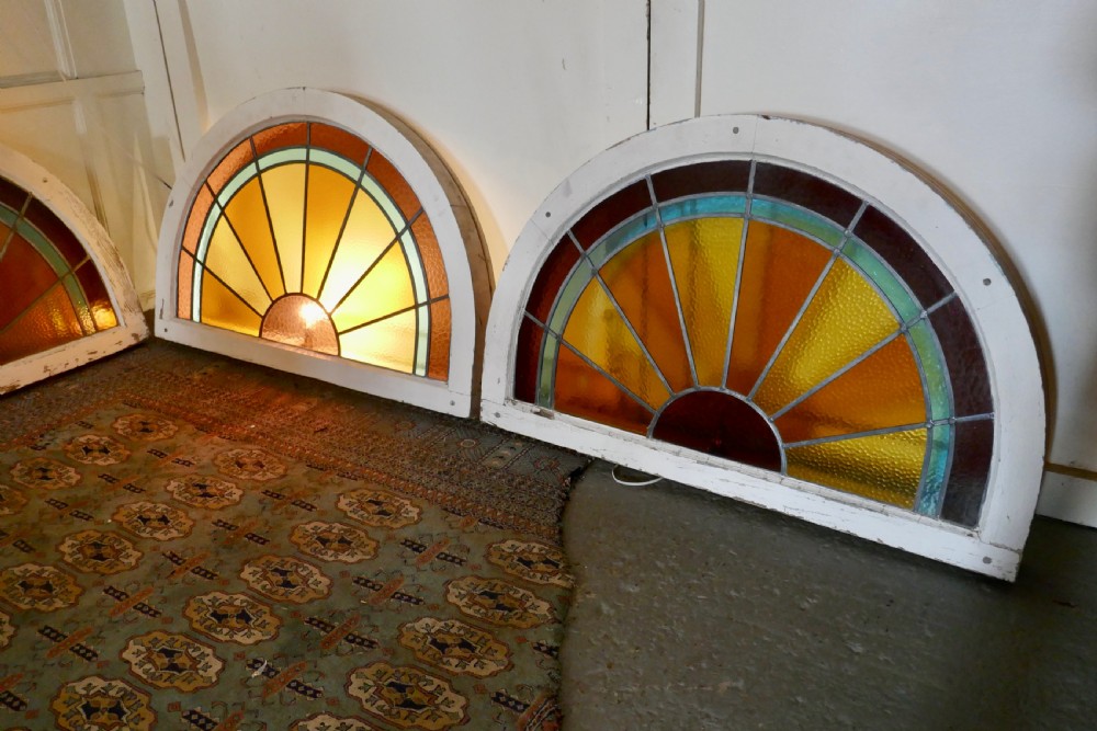 A Set of 4 Large Art Deco Arched Sunburst Stained Glass Windows View VI