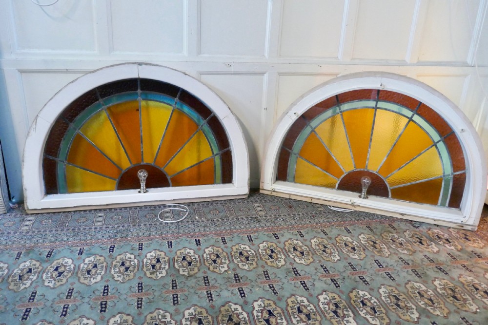 A Set of 4 Large Art Deco Arched Sunburst Stained Glass Windows View VIII