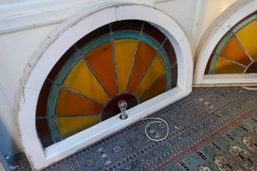 A Set of 4 Large Art Deco Arched Sunburst Stained Glass Windows View X