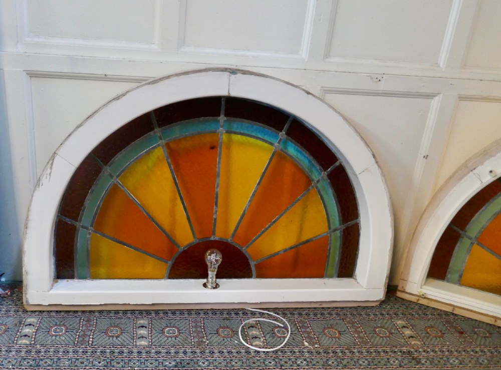 A Set of 4 Large Art Deco Arched Sunburst Stained Glass Windows View XI
