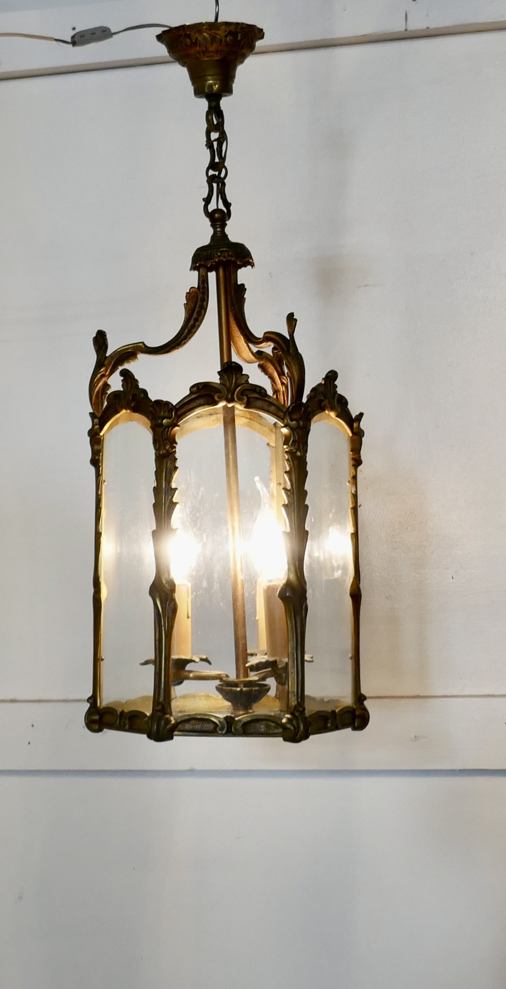 Large French Rococo Brass Glass Lantern Hall Light 