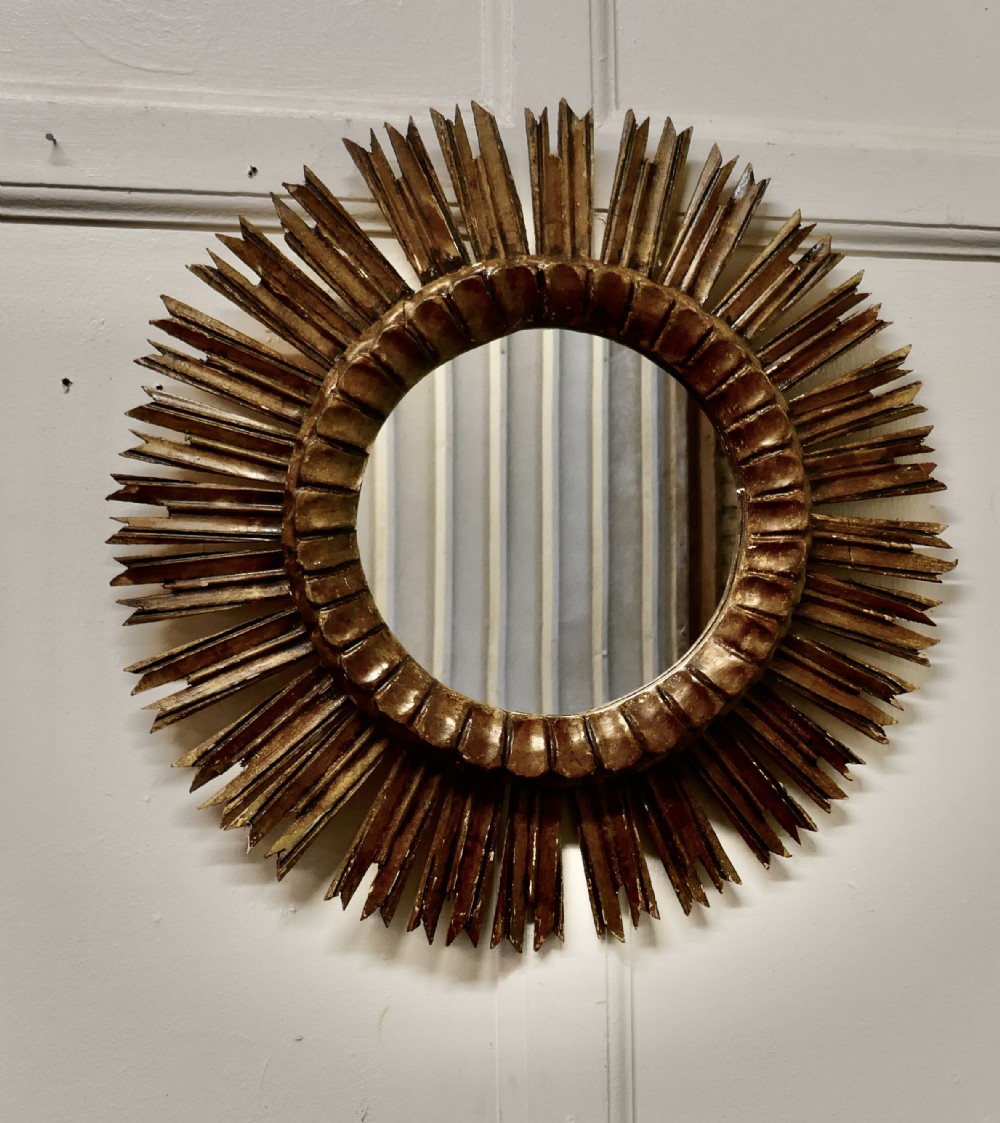 French Carved Wood Art Deco Odeon Style Sunburst Mirror