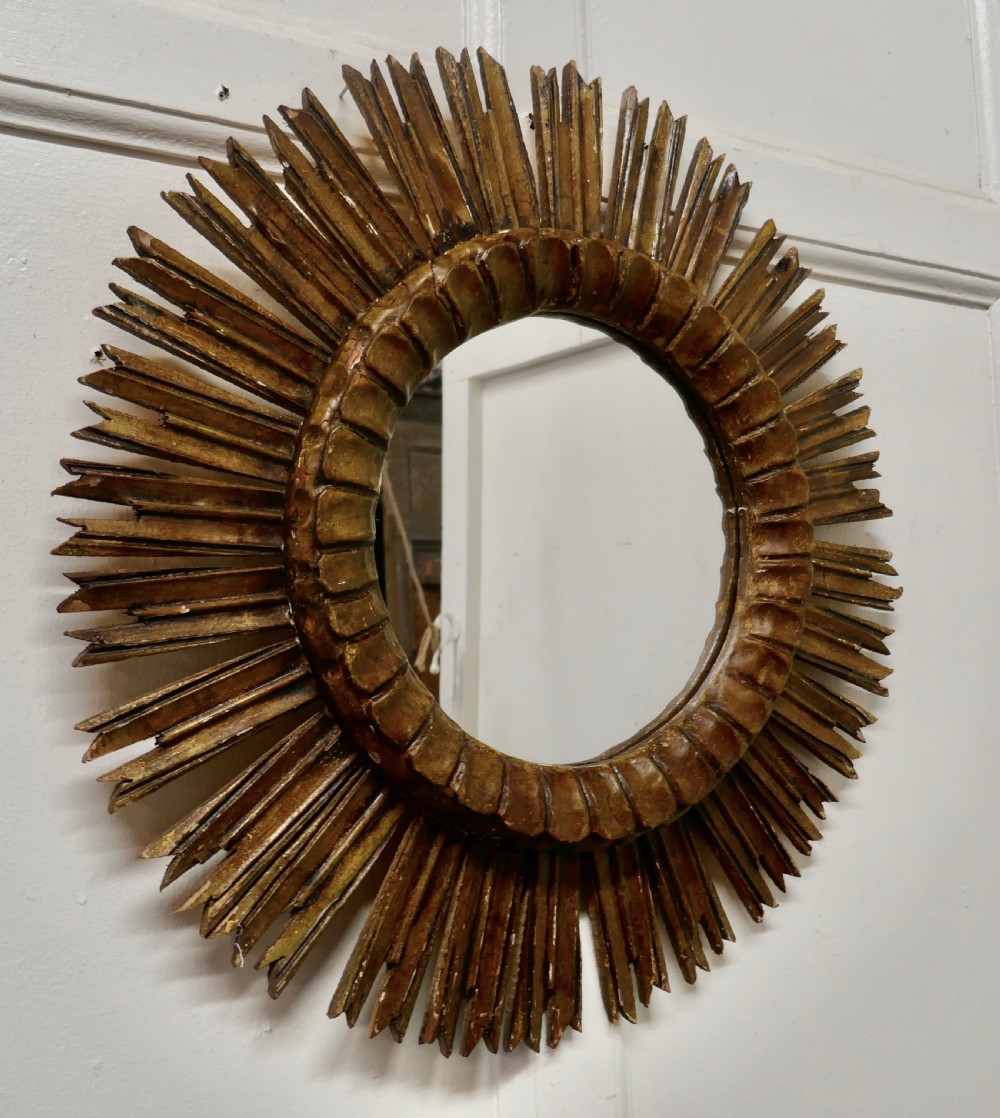 French Carved Wood Art Deco Odeon Style Sunburst Mirror View VI