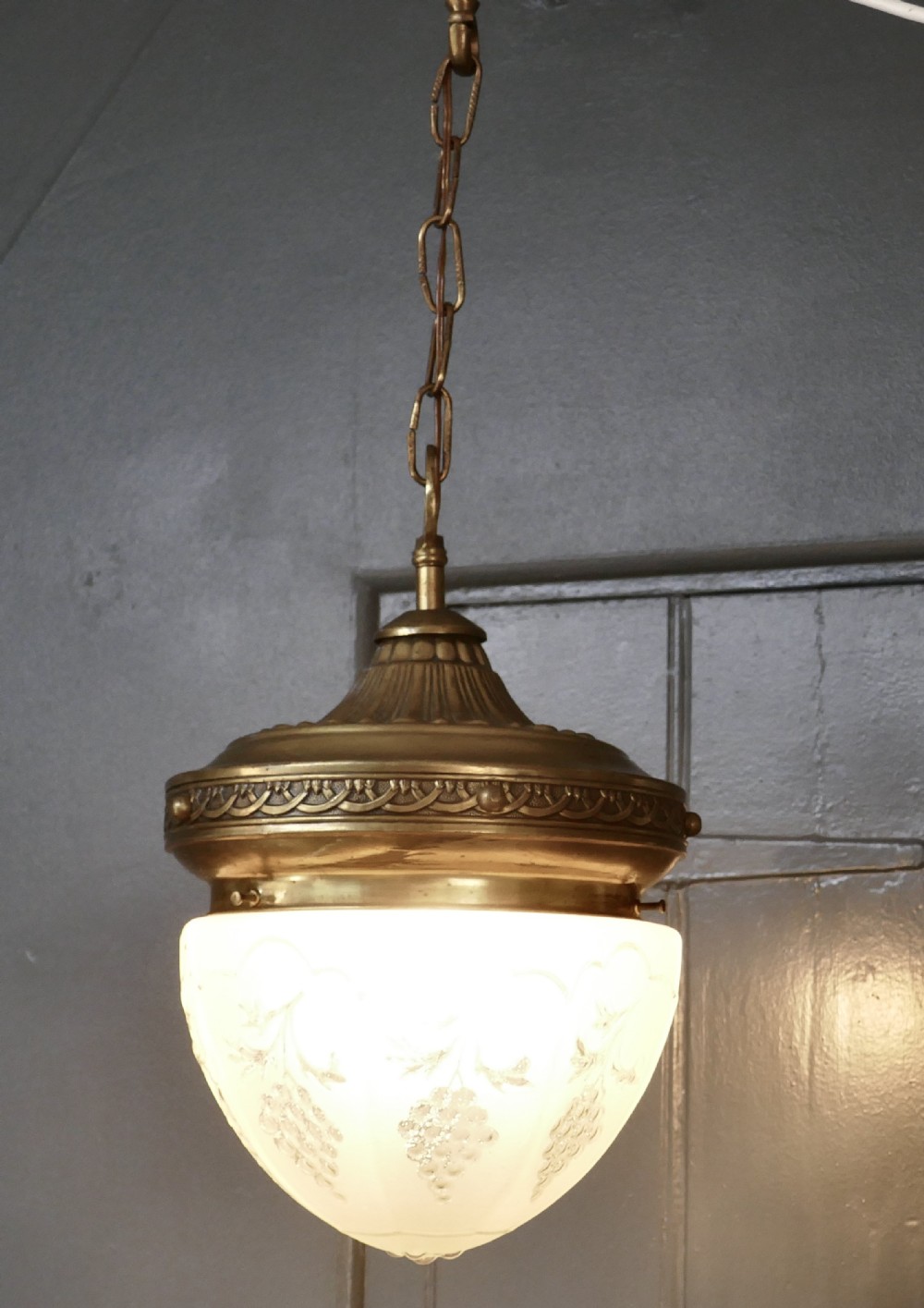 French Opalescent Glass and Brass Hanging Pendant Light