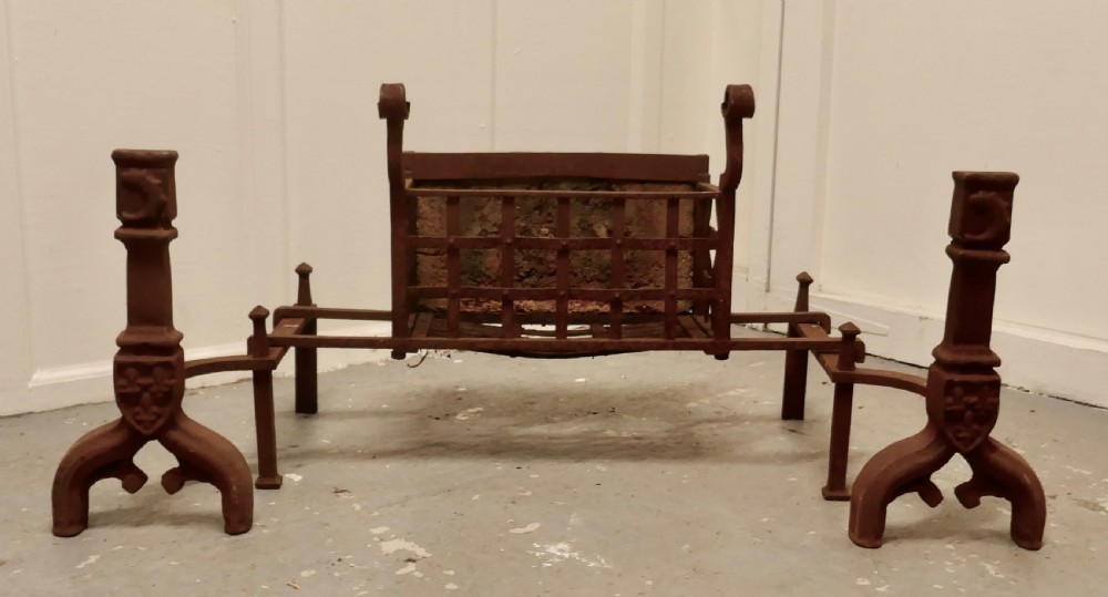 A Large Inglenook Fire Grate set on Andirons