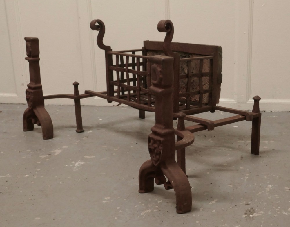 A Large Inglenook Fire Grate set on Andirons View IV