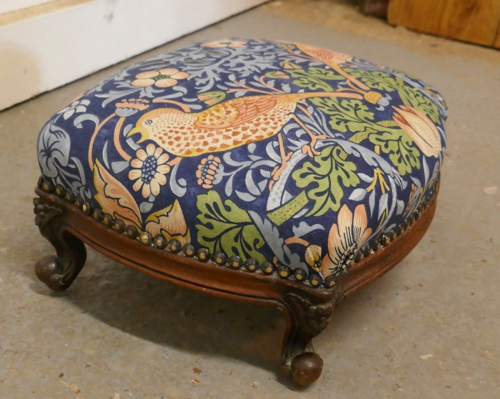 Victorian Mahogany Foot Stool Upholstered in Strawberry Thief  by William Morris   View III