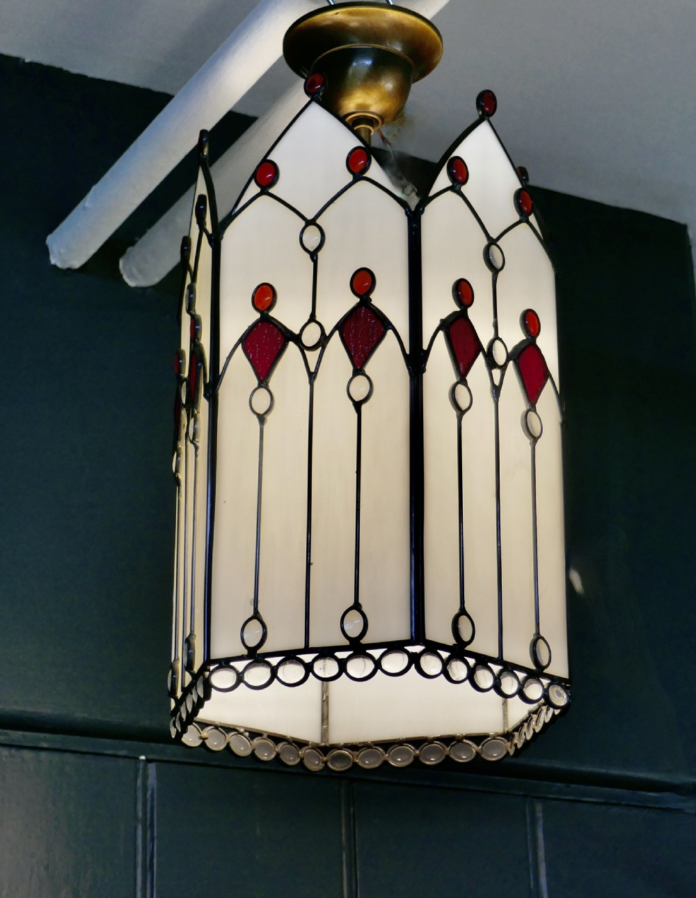 Large Arts and Crafts Stained Glass Hall Lantern Ceiling Light View V