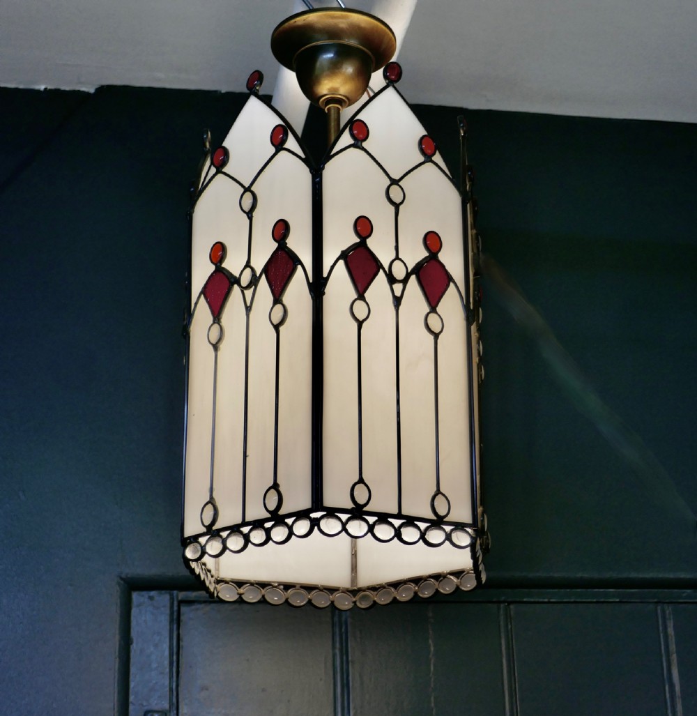 Large Arts and Crafts Stained Glass Hall Lantern Ceiling Light View VIII