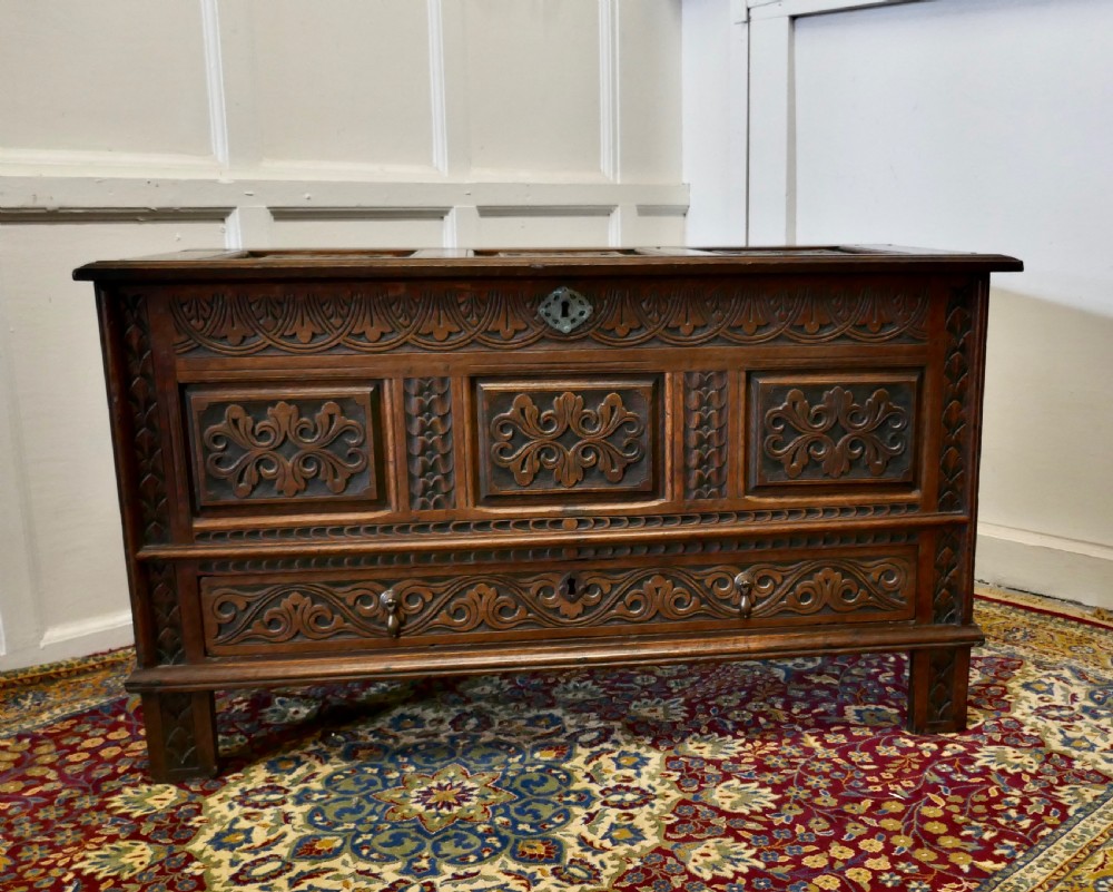 Beautiful Carved Oak Mule Chest, Marriage Chest
