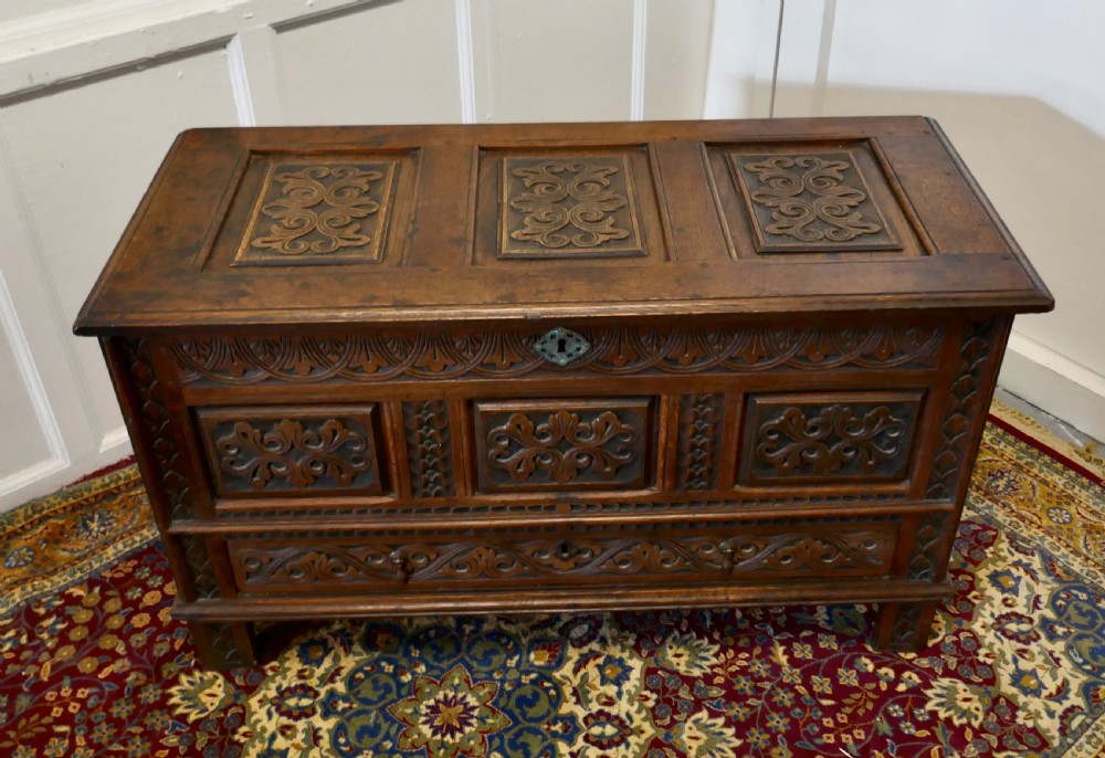 Beautiful Carved Oak Mule Chest, Marriage Chest View II