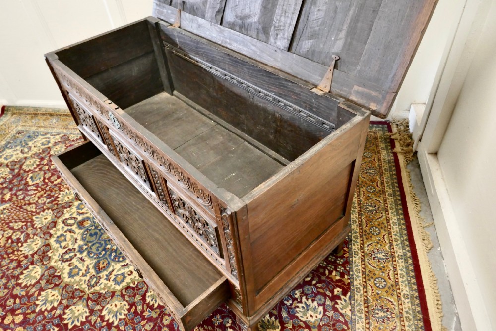 Beautiful Carved Oak Mule Chest, Marriage Chest View V