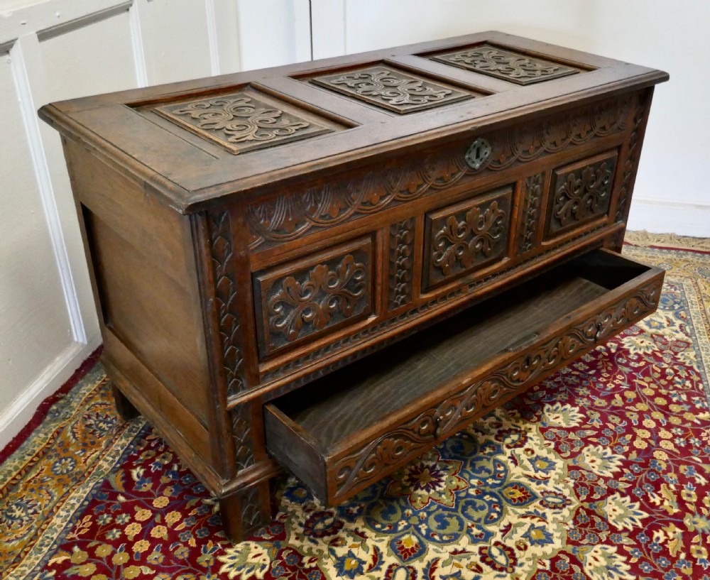 Beautiful Carved Oak Mule Chest, Marriage Chest View VI