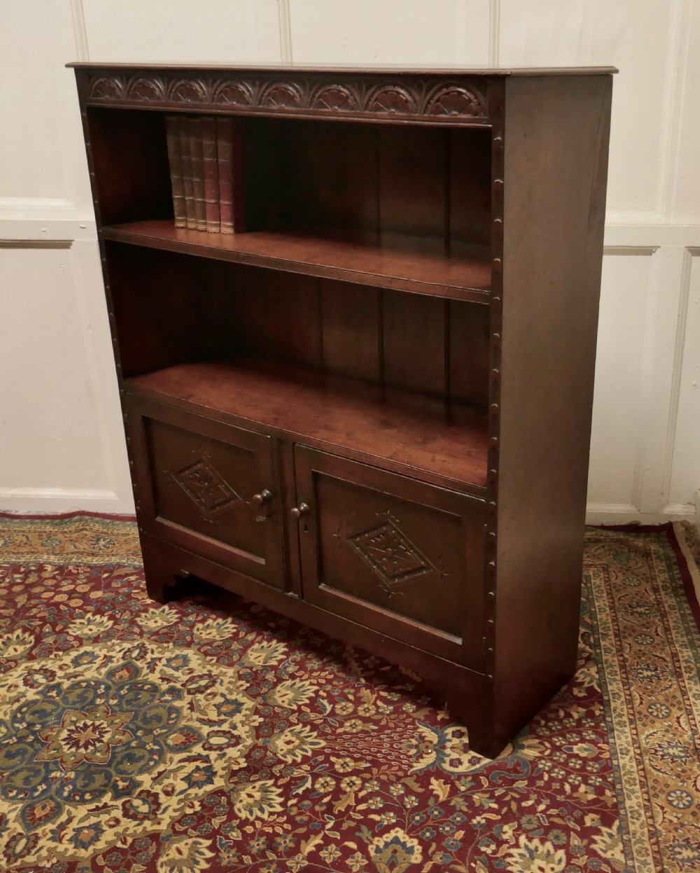 Gothic Carved Country Oak Book Case with Cupboard View IV