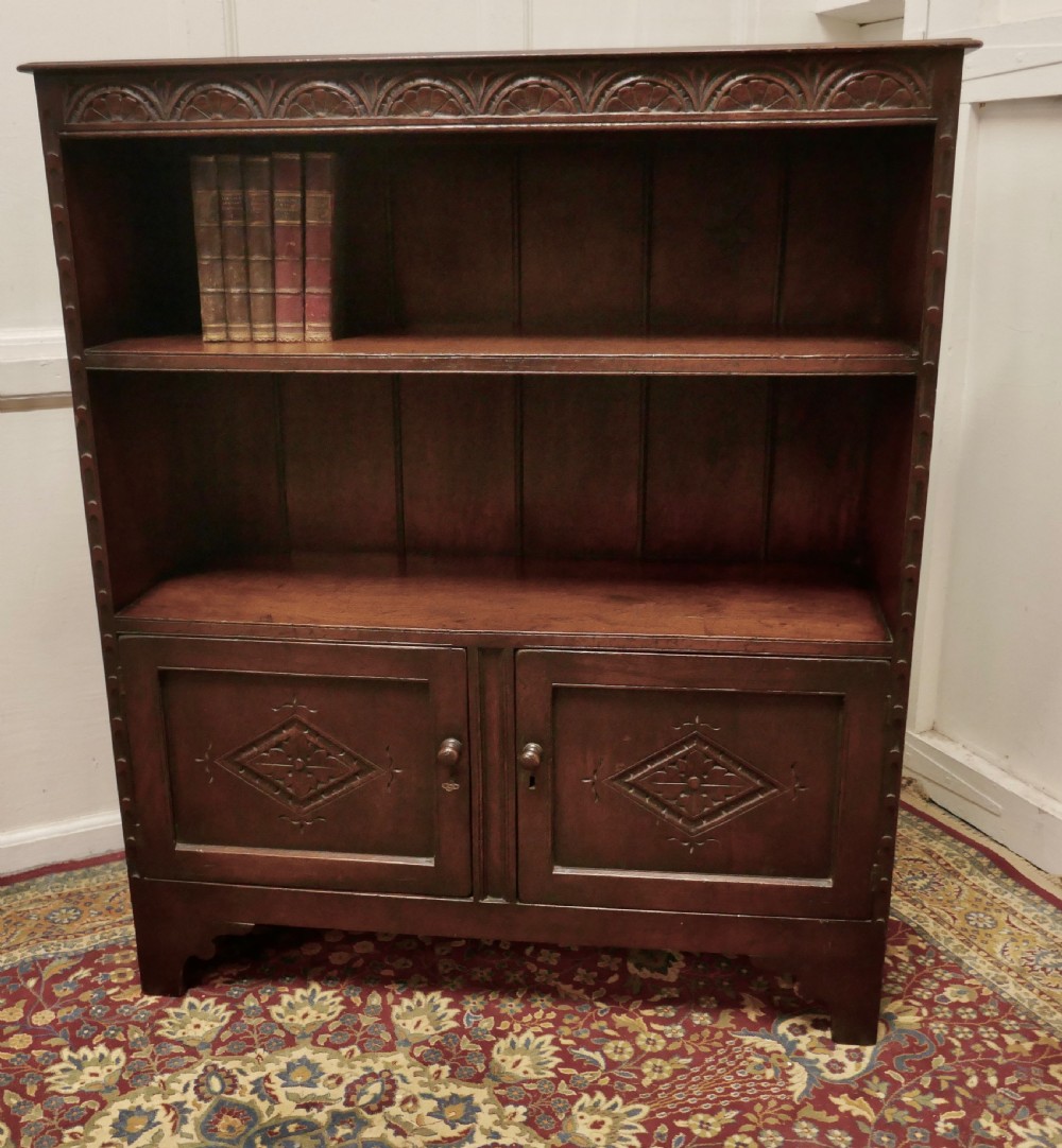 Gothic Carved Country Oak Book Case with Cupboard View V