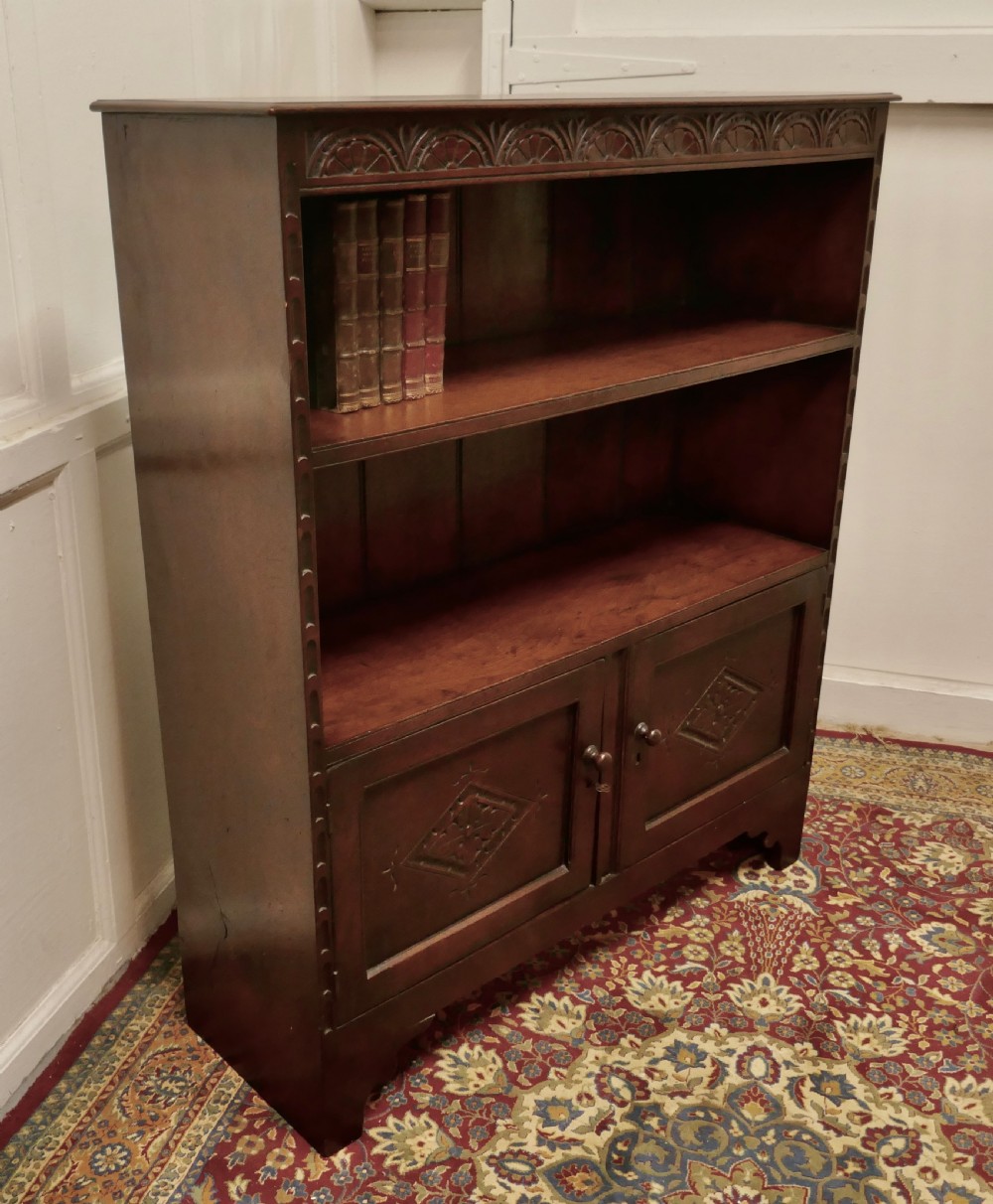 Gothic Carved Country Oak Book Case with Cupboard View VI