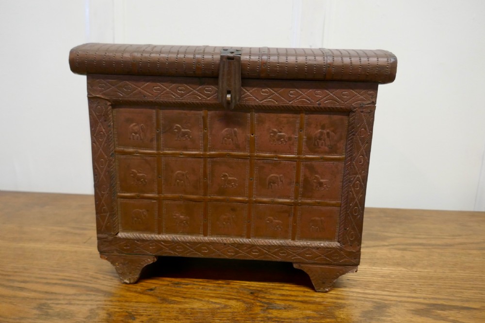 Oriental Brass Treasure Chest or Jewellery Box Decorated with Lions and Elephants 