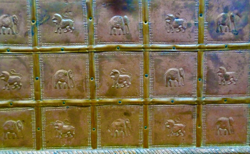 Oriental Brass Treasure Chest or Jewellery Box Decorated with Lions and Elephants  View II
