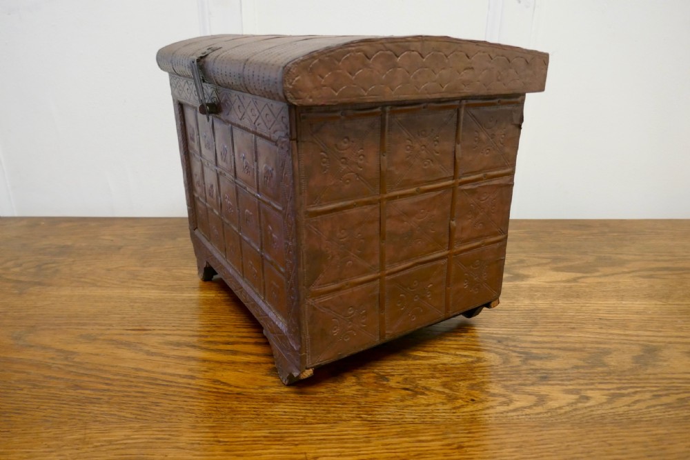 Oriental Brass Treasure Chest or Jewellery Box Decorated with Lions and Elephants  View V