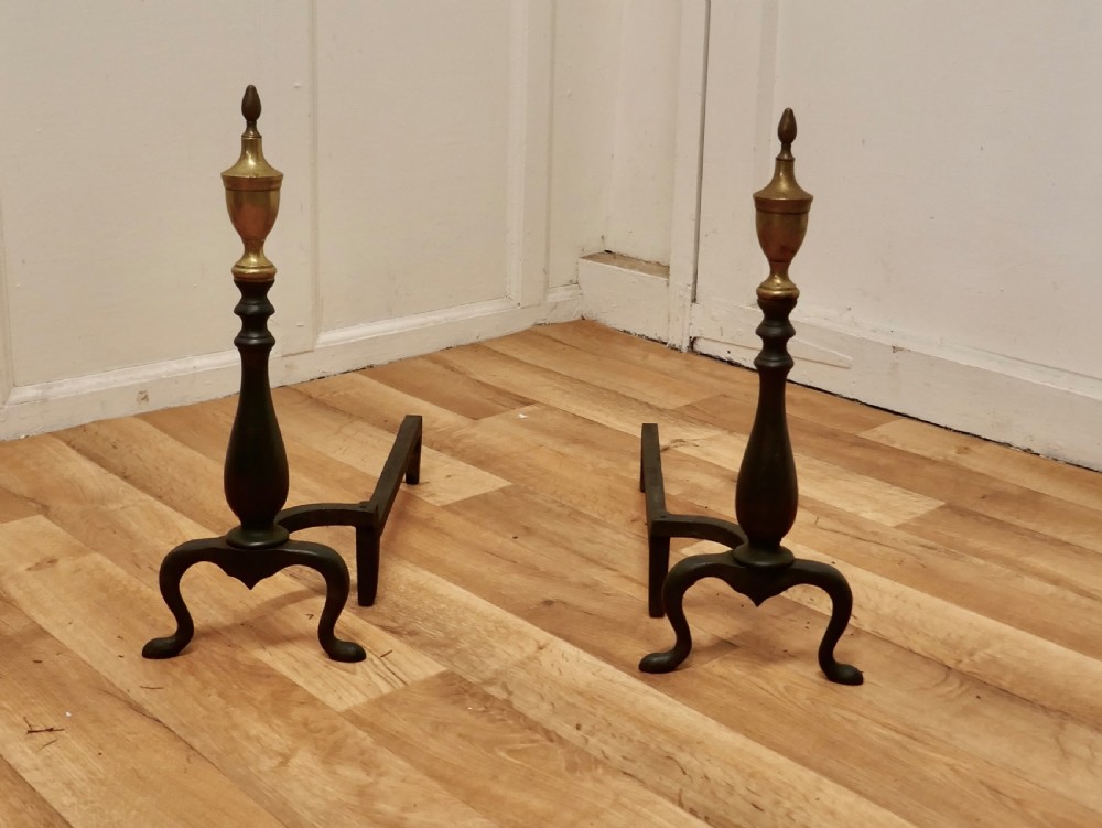Heavy Pair of Brass & Iron Andirons or Fire Dogs