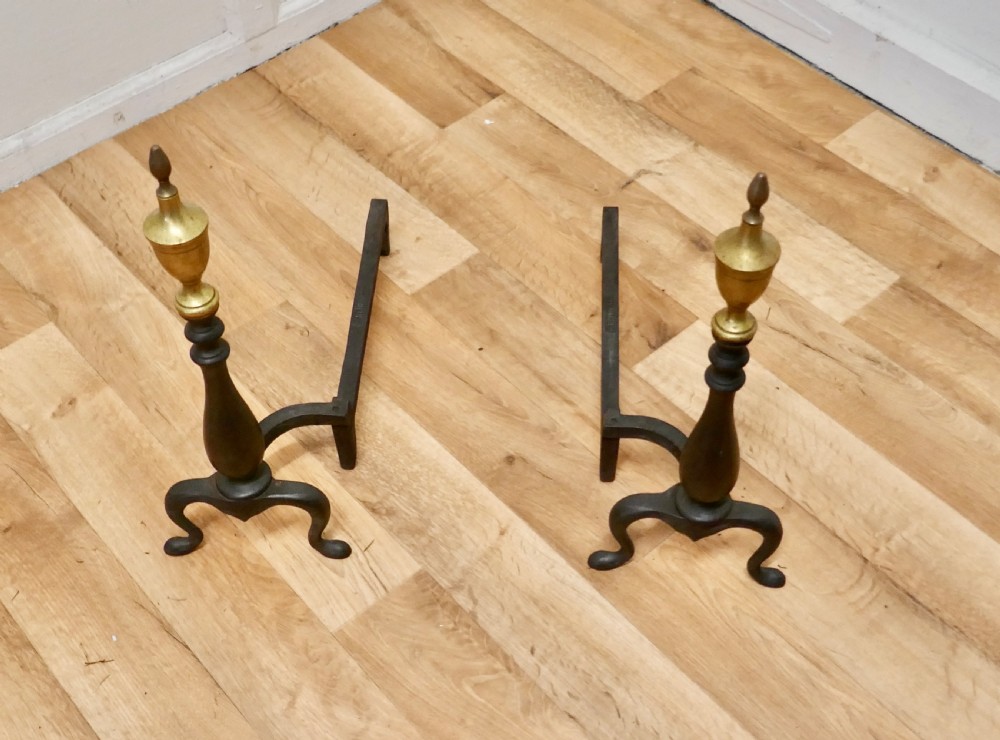 Heavy Pair of Brass & Iron Andirons or Fire Dogs View II