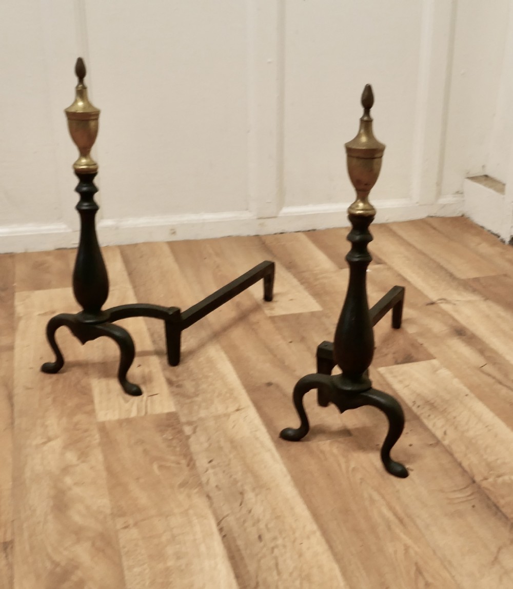 Heavy Pair of Brass & Iron Andirons or Fire Dogs View III