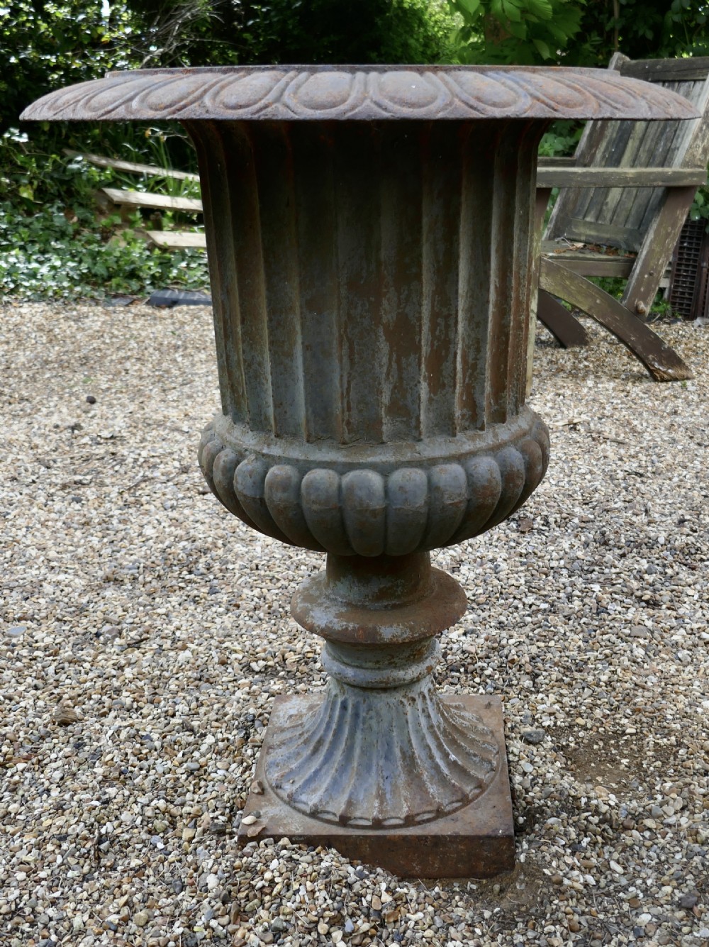 Large Cast Iron Garden Urn with Distressed Shabby Paint  View V