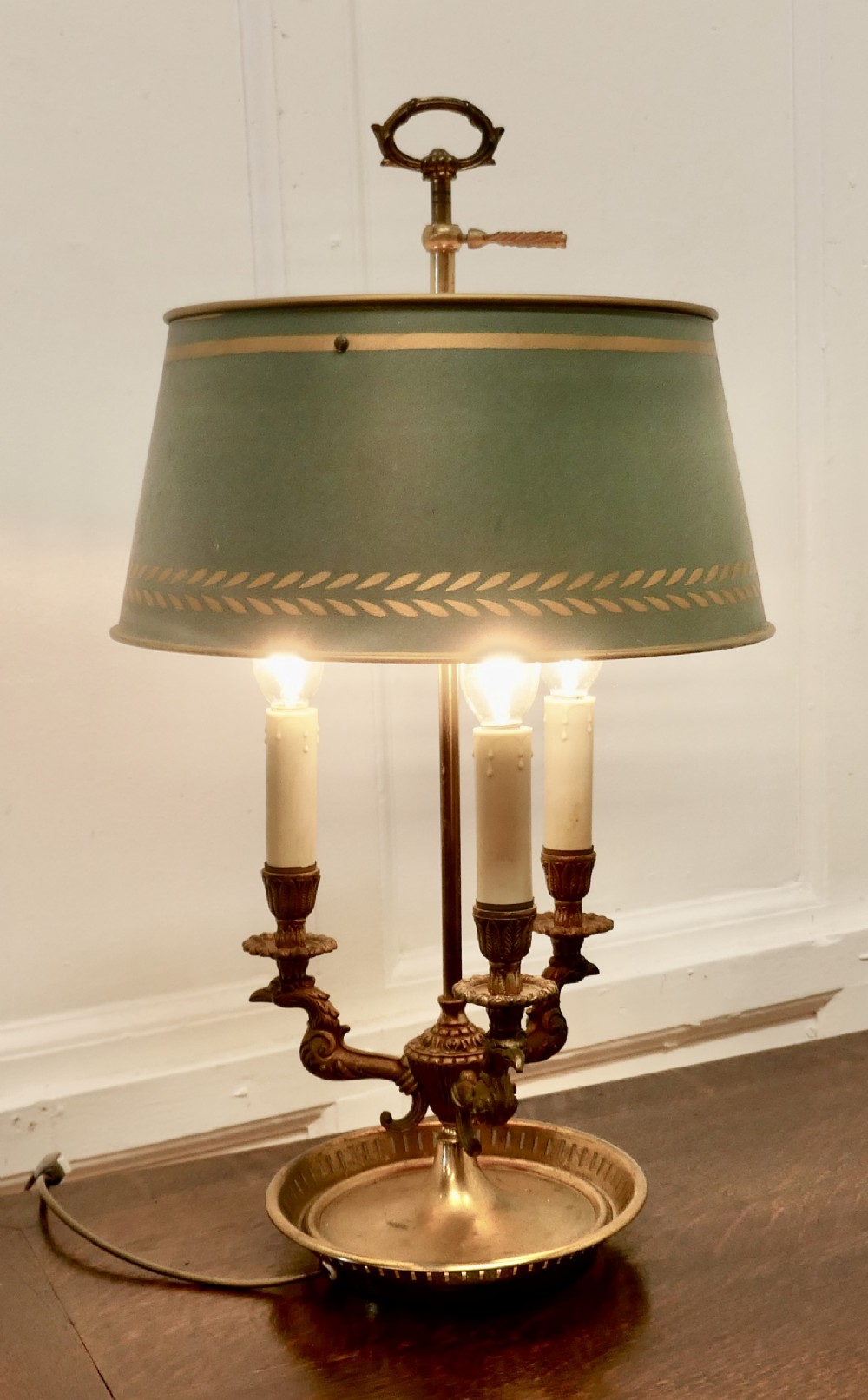 French Painted Toleware and Brass Triple Desk Lamp