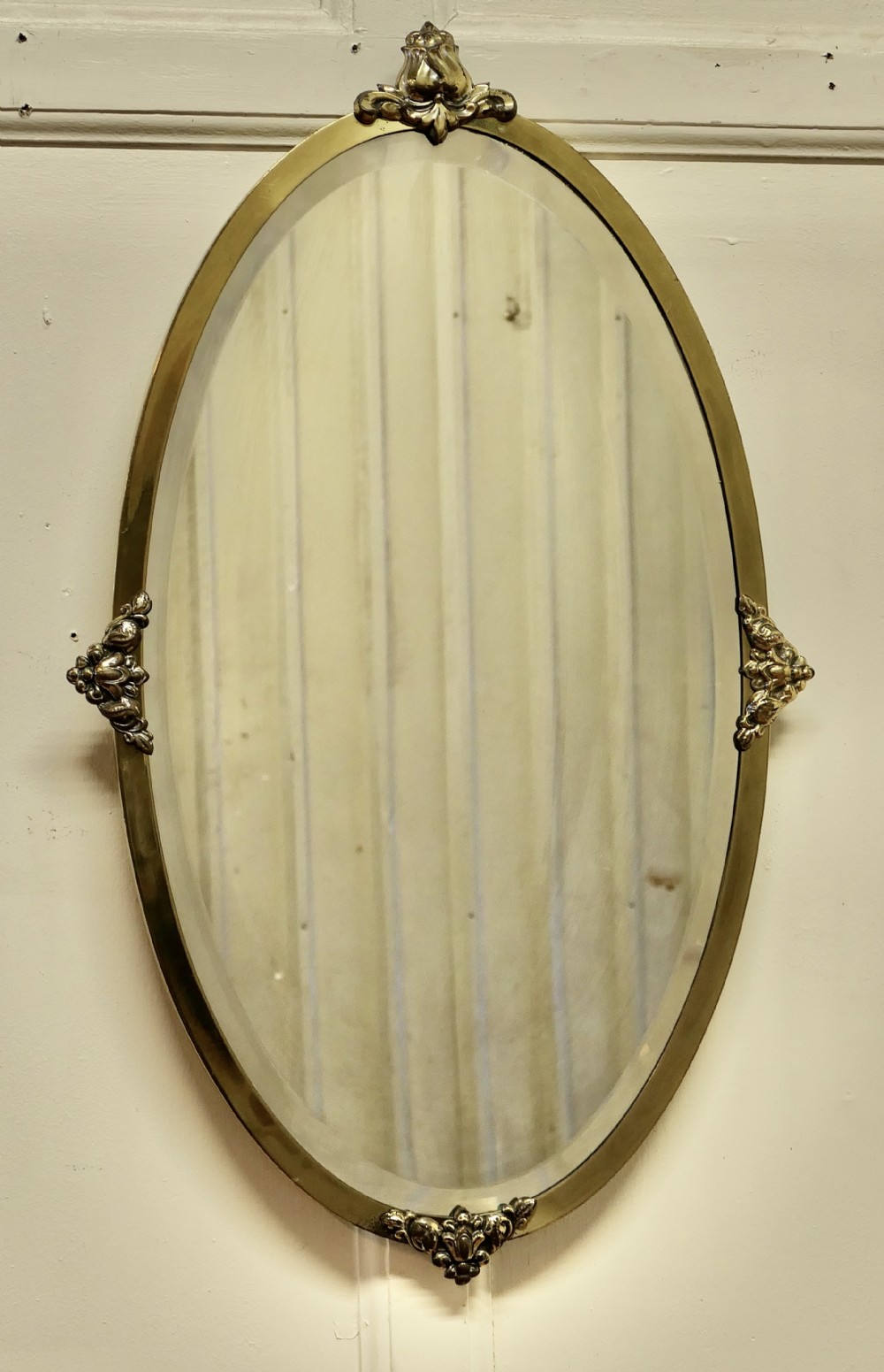 Long Oval Art Deco Gilt Brass Wall Mirror