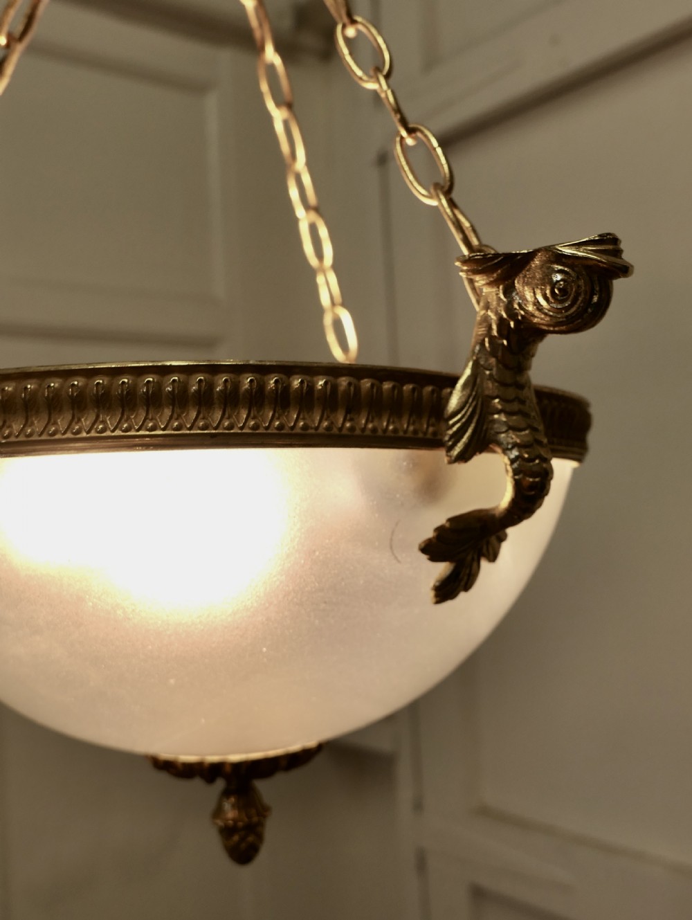 French Art Deco Half Globe Opaline Glass Hanging Pendant Light View VIII