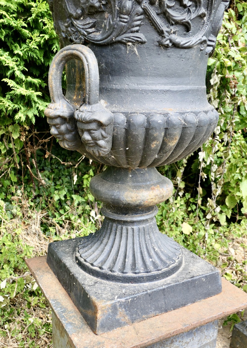 A Pair of Large Cast Iron Urns, Garden Planters on Plinths View II
