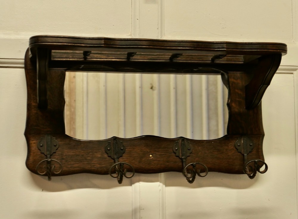 French Oak Coat and Hat Rack with Mirror 
