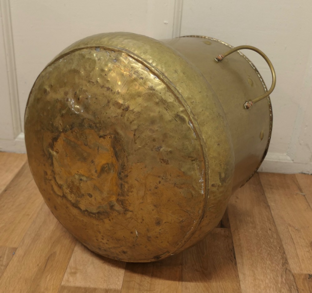 Large French Arts and Crafts Beaten Brass Log Bin   View IV