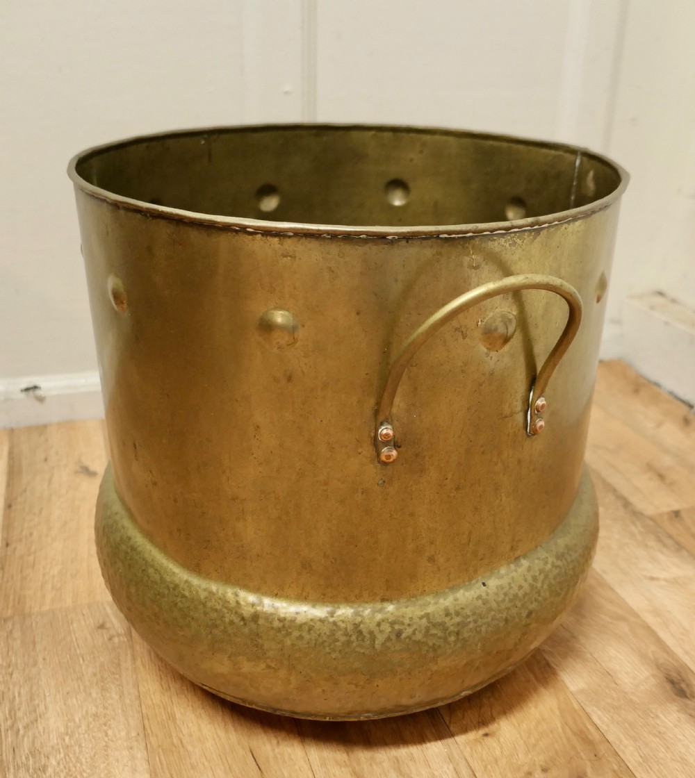 Large French Arts and Crafts Beaten Brass Log Bin   View V