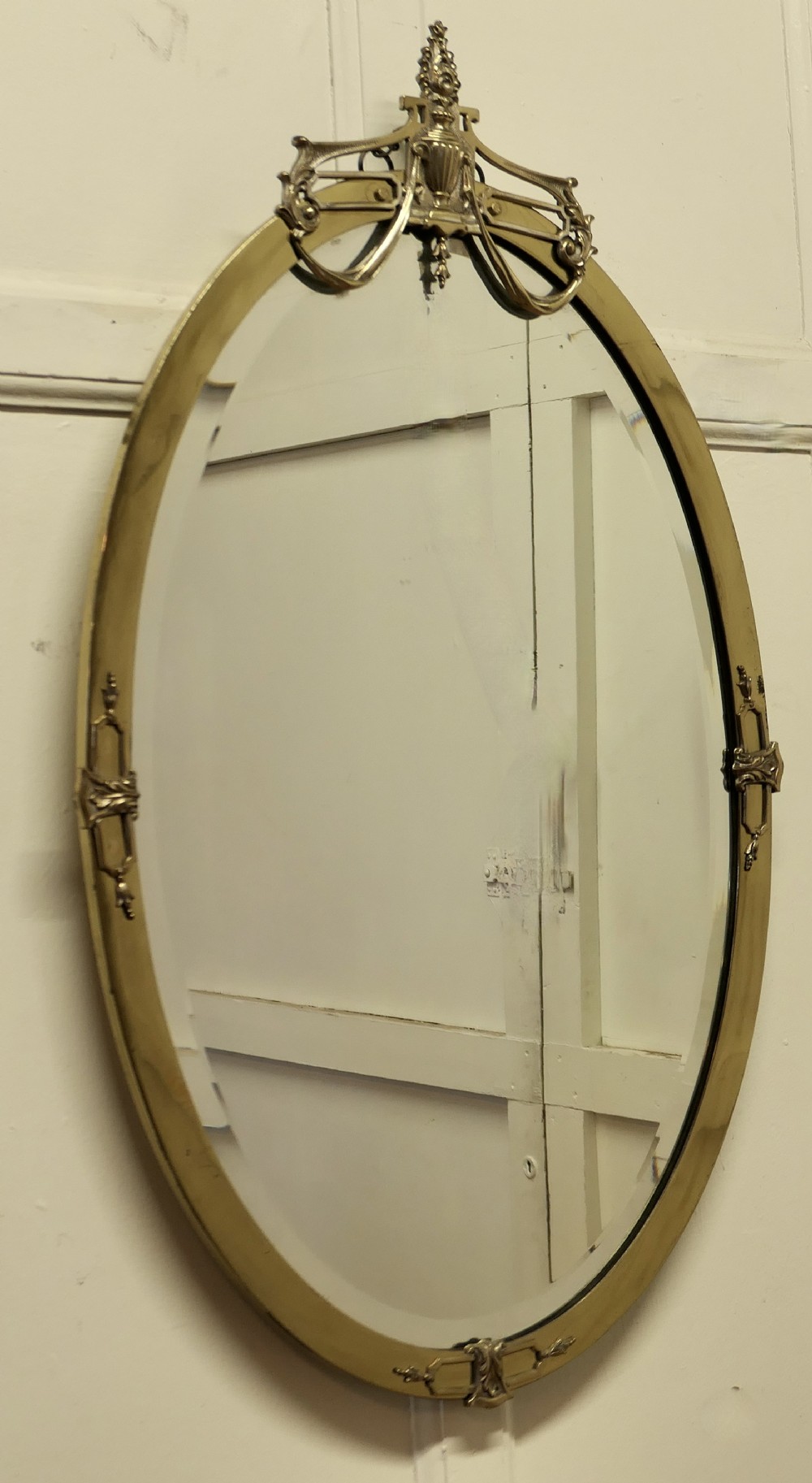 Long Oval Art Deco Gilt Brass Wall Mirror