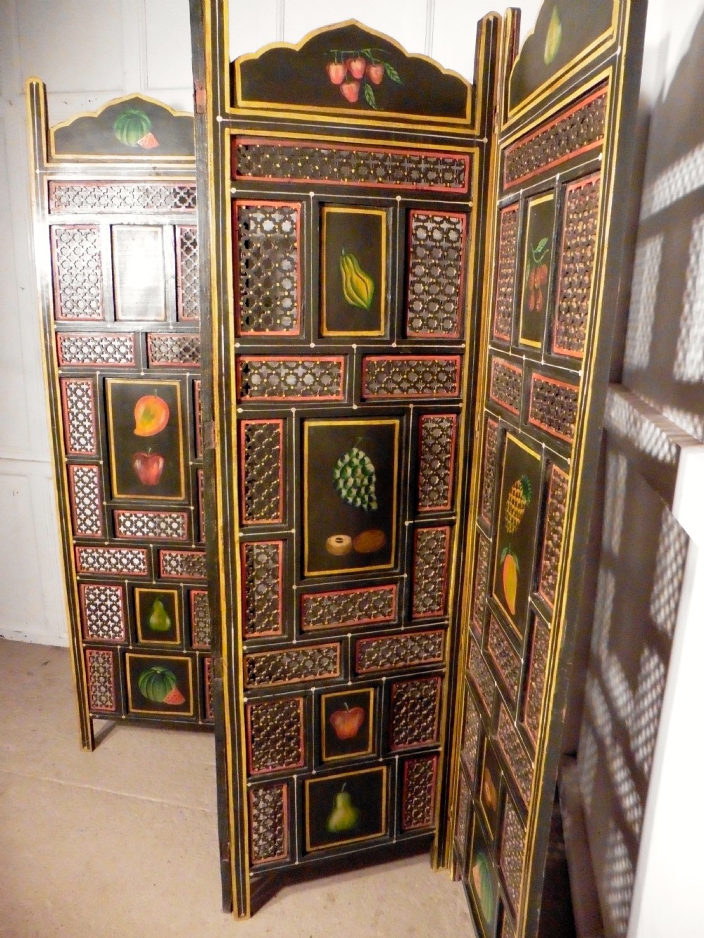 A Large 19th Century North African Folk Art Pierced, Painted 4 Fold Screen View III
