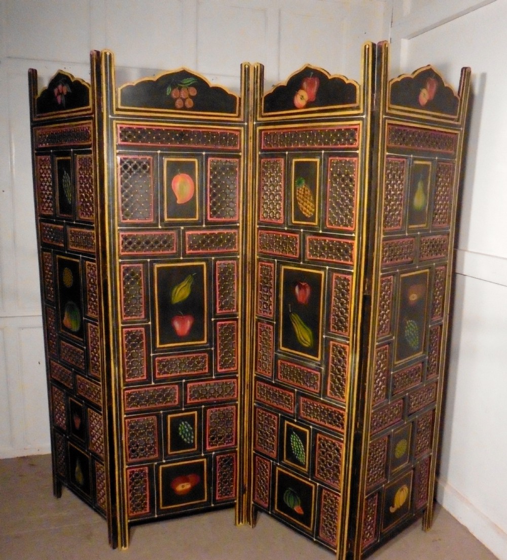 A Large 19th Century North African Folk Art Pierced, Painted 4 Fold Screen View VI