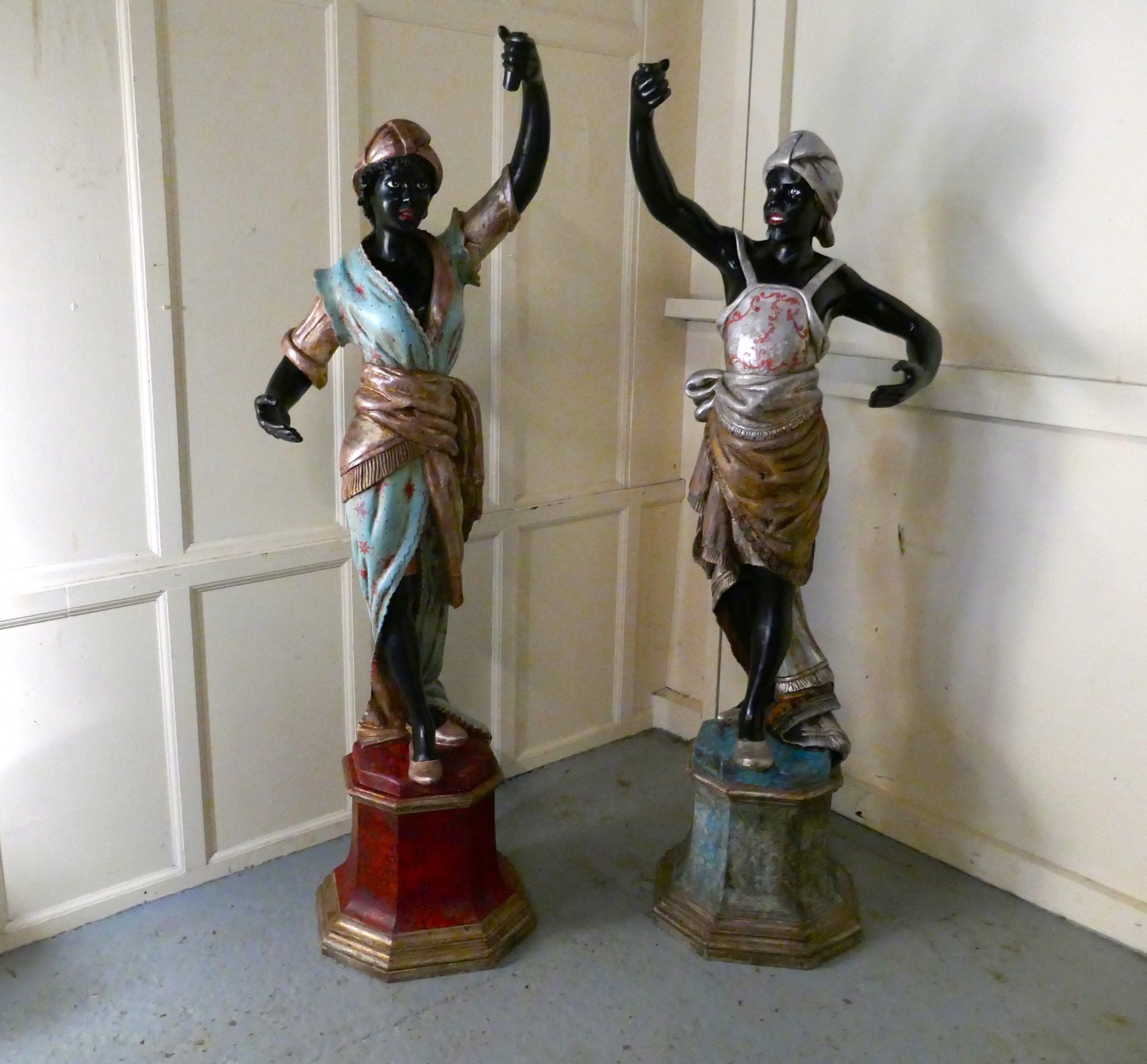 Life size Pair of 19th Century Italian Carved Wooden Statues 
