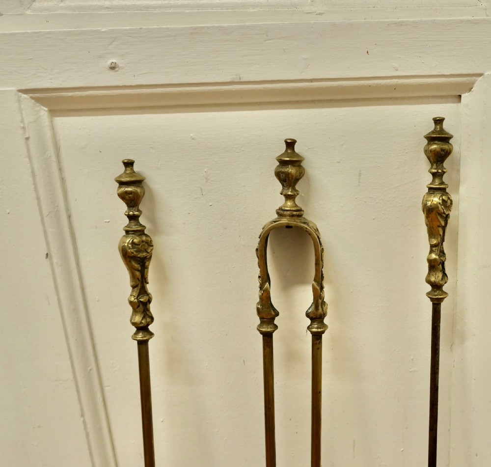 Attractive 19th Century Brass Rococo Fireside Companion Set, Fireside Tools View IV