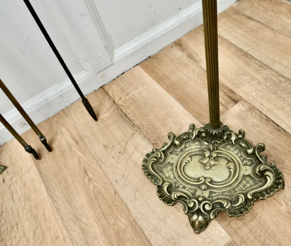 Attractive 19th Century Brass Rococo Fireside Companion Set, Fireside Tools View V