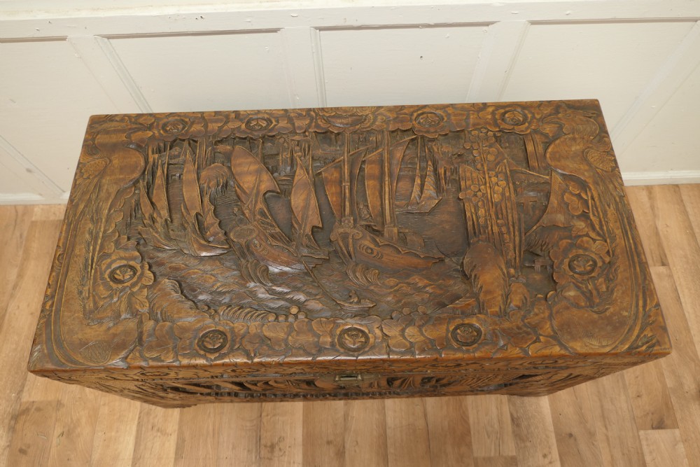 Large Oriental Carved Camphor Wood Chest View IV