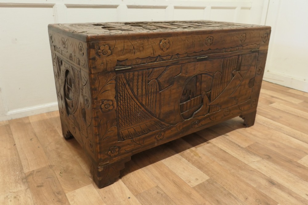 Large Oriental Carved Camphor Wood Chest View VII