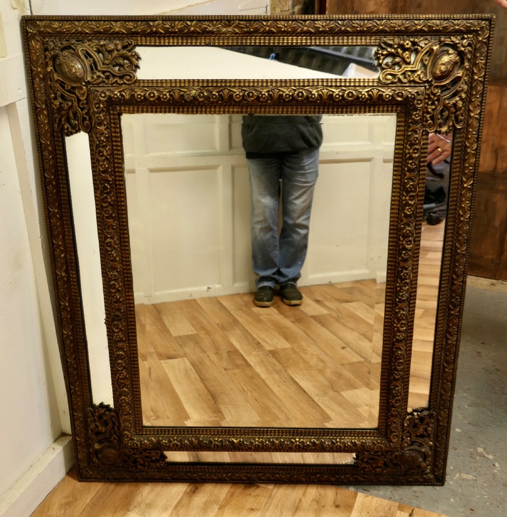 Large Early French Toleware Brass Cushion Mirror View XII