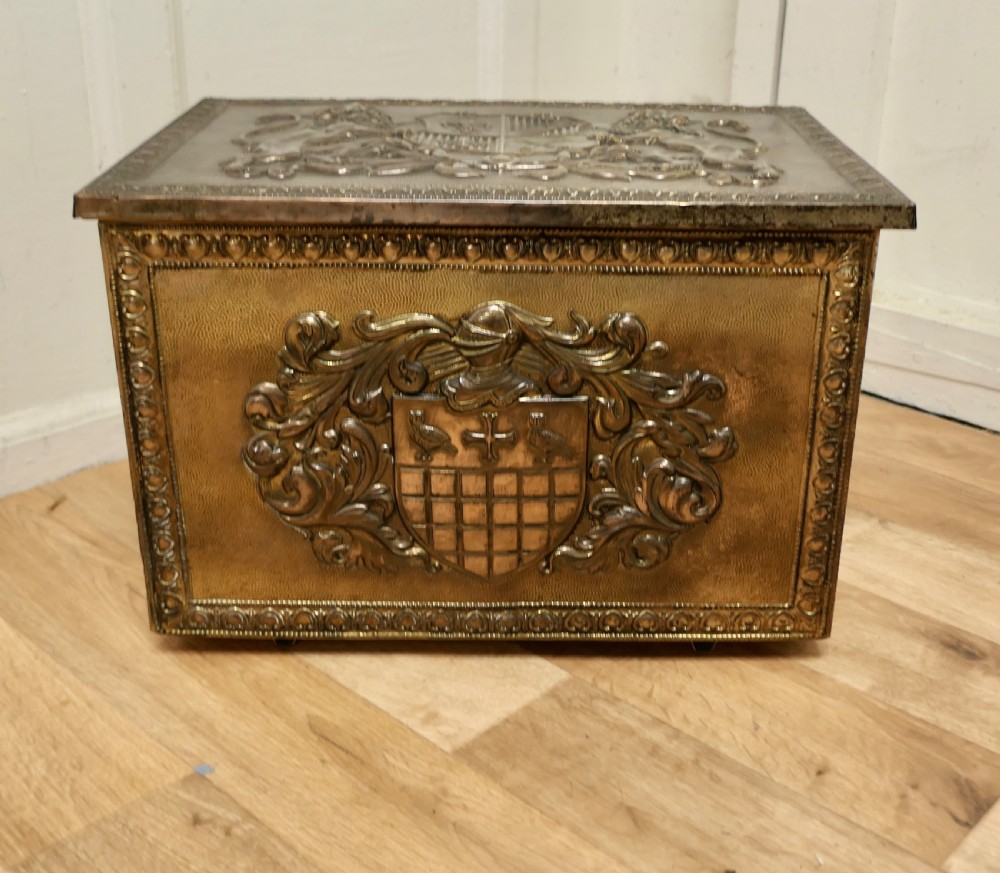 Heraldic Embossed Brass Log Box, with Coats of Arms