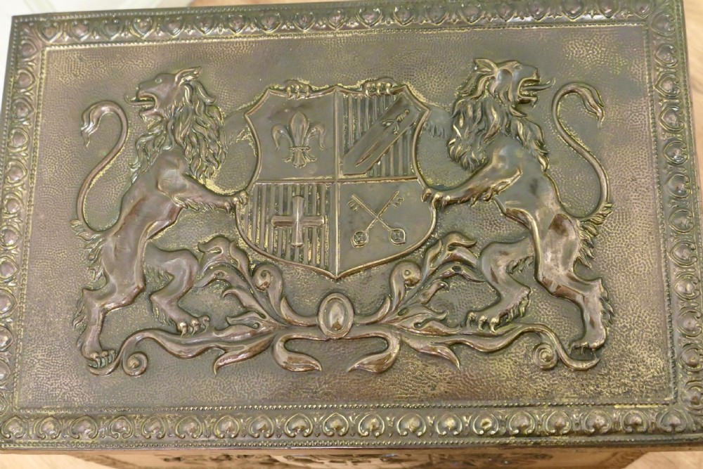 Heraldic Embossed Brass Log Box, with Coats of Arms View III