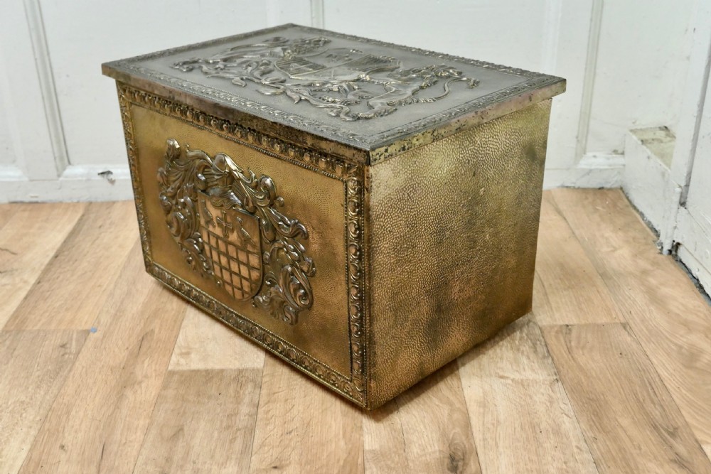 Heraldic Embossed Brass Log Box, with Coats of Arms View IV