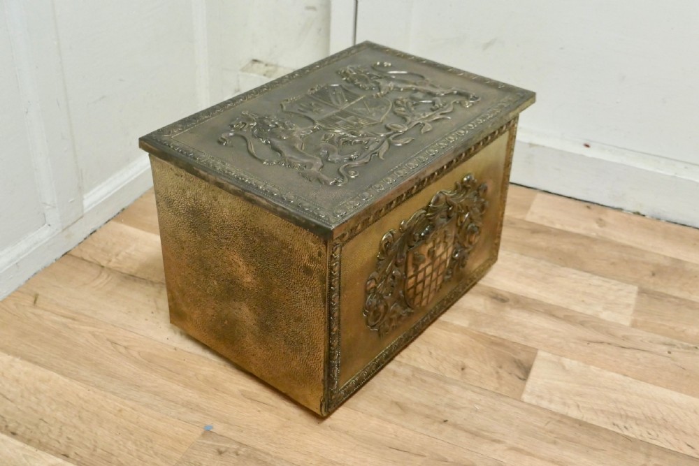 Heraldic Embossed Brass Log Box, with Coats of Arms View V