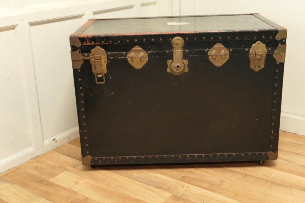 Large Vintage Rigid Canvas Travel Trunk, Steamer Trunk on Wheels